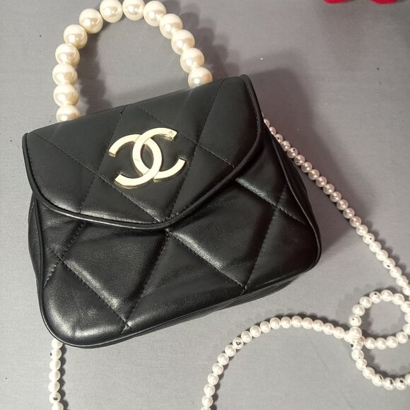 Classic Designer Inspired Quilted Pearl Hand Bag with Shoulder Strap Black - Picture 4 of 16